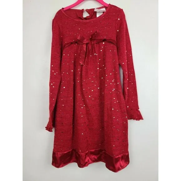 Dollie and Me Girls Dress Size 8 Red Bell Long Sleeve Bow Detail Sequined Flar - Picture 1 of 8